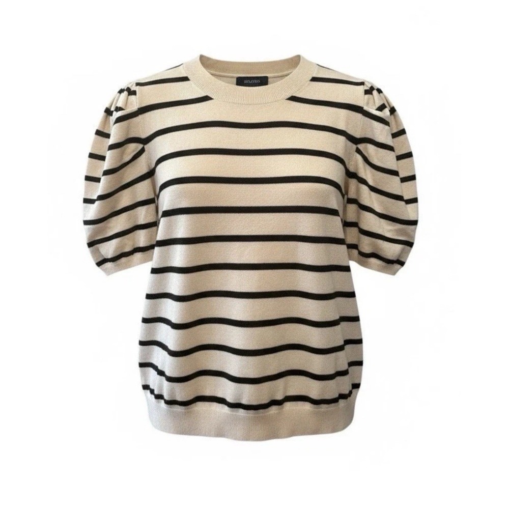 Dokotoo Women Medium shirt Ivory And Brown Striped Puff Sleeve Knit Sweater Top